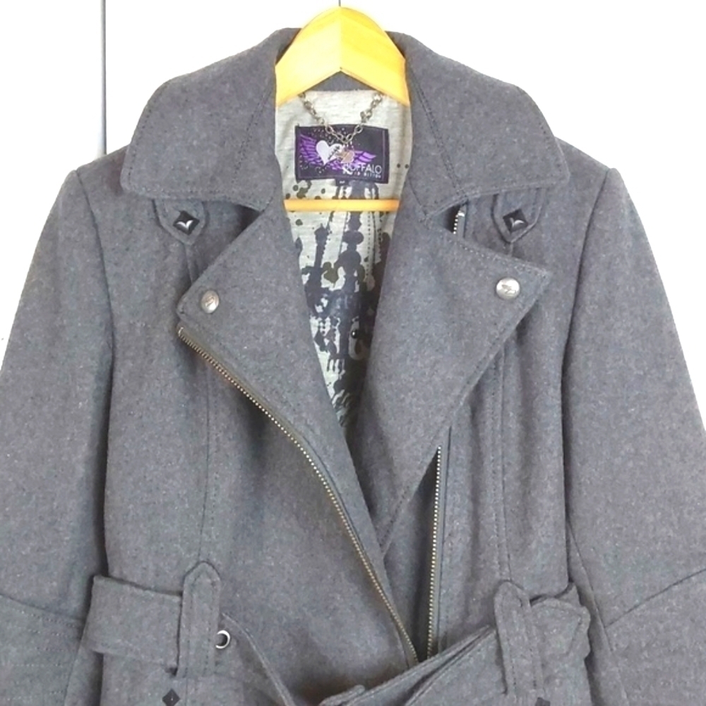 Buffalo David Bitton |Womens Dark Gray Warm Wool Belted Trench Coat Neutral Sz.M